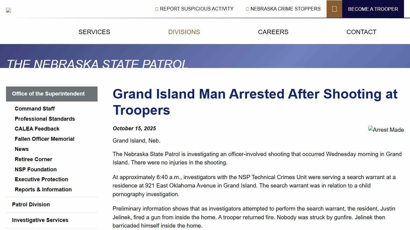 Grand Island Man Arrested After Shooting at Troopers Nebraska State Patrol
